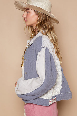 POL Crochet Patch Exposed Seam Button Up Jacket - Teresa's Fashionista LLC
