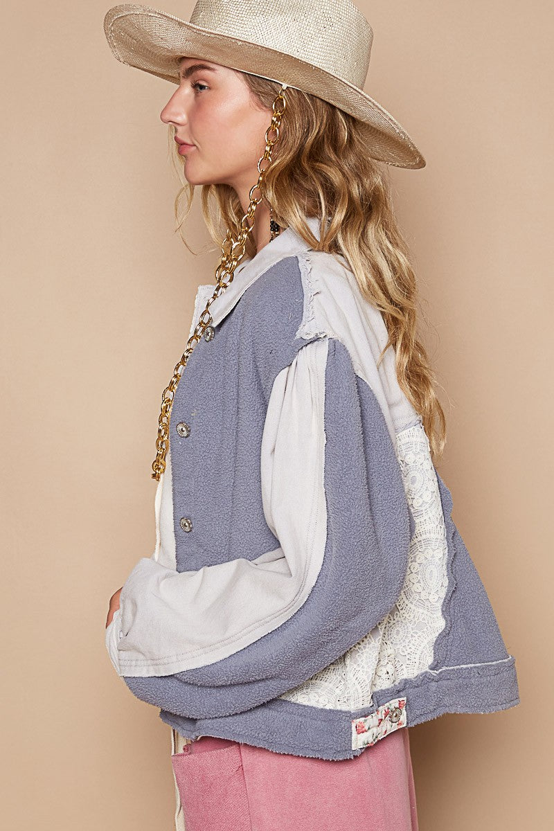 POL Crochet Patch Exposed Seam Button Up Jacket - Teresa's Fashionista LLC