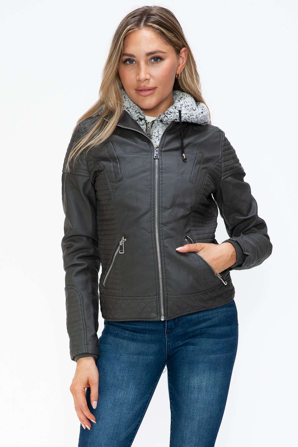 YMI Faux Layered Double-Zipper Jacket with Fuzzy Hood - Teresa's Fashionista LLC