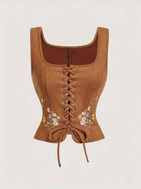 Floral Embroidered Lace-Up Vest Coat