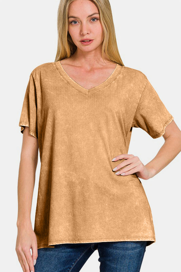 Zenana Full Size Washed Short Sleeve V-Neck T-Shirt - Teresa's Fashionista LLC
