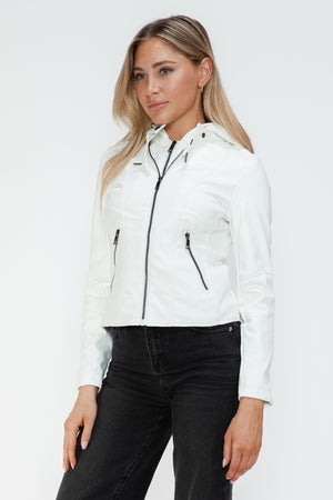 Snobbish Faux Leather Zip Up Drawstring Hooded Jacket - Teresa's Fashionista LLC