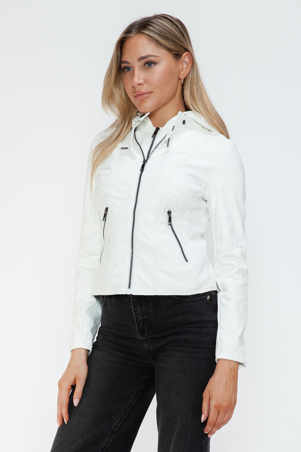 Snobbish Faux Leather Zip Up Drawstring Hooded Jacket - Teresa's Fashionista LLC
