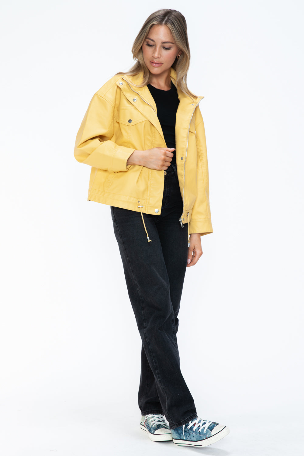 How Dare U Drawstring Hem PU Leather Zip Up Jacket - Teresa's Fashionista LLC