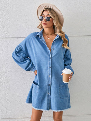 Button Up Pocketed Raw Hem Denim Dress-Teresa's Fashionista LLC