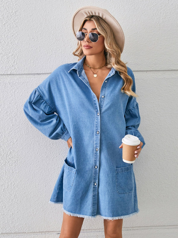 Button Up Pocketed Raw Hem Denim Dress-Teresa's Fashionista LLC