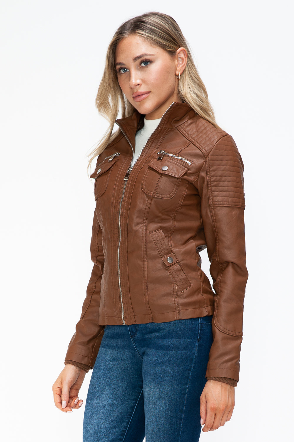 YMI Removable Faux Layered Multi-Pocket Jacket with Fuzzy Hood - Teresa's Fashionista LLC