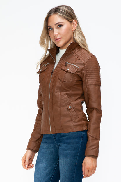 YMI Removable Faux Layered Multi-Pocket Jacket with Fuzzy Hood - Teresa's Fashionista LLC