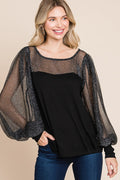 Super Lady Full Size Metallic Mesh Lantern Sleeve Blouse - Teresa's Fashionista LLC