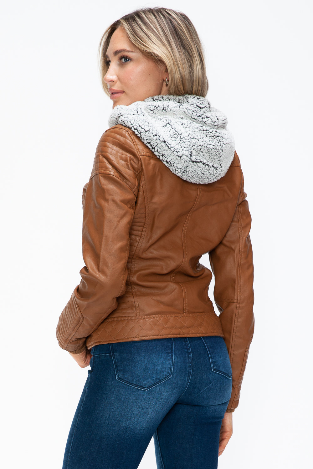YMI Faux Layered Double-Zipper Jacket with Fuzzy Hood - Teresa's Fashionista LLC