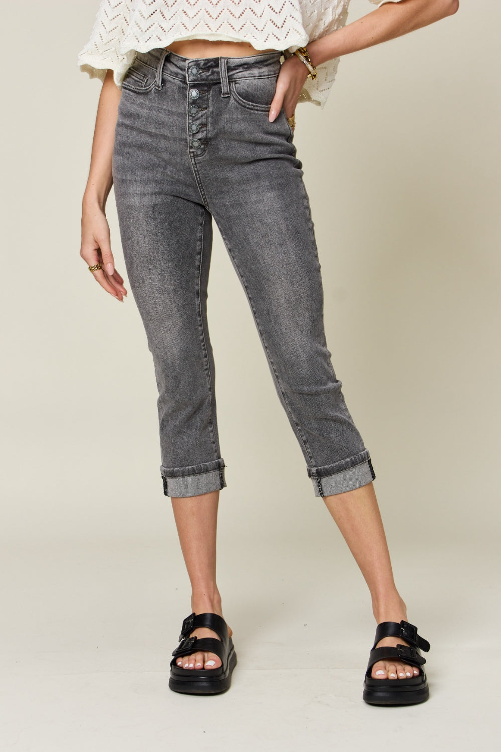 Judy Blue Full Size Button Fly High Waist Cuffed Capris-Teresa's Fashionista LLC