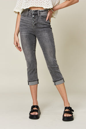 Judy Blue Full Size Button Fly High Waist Cuffed Capris-Teresa's Fashionista LLC