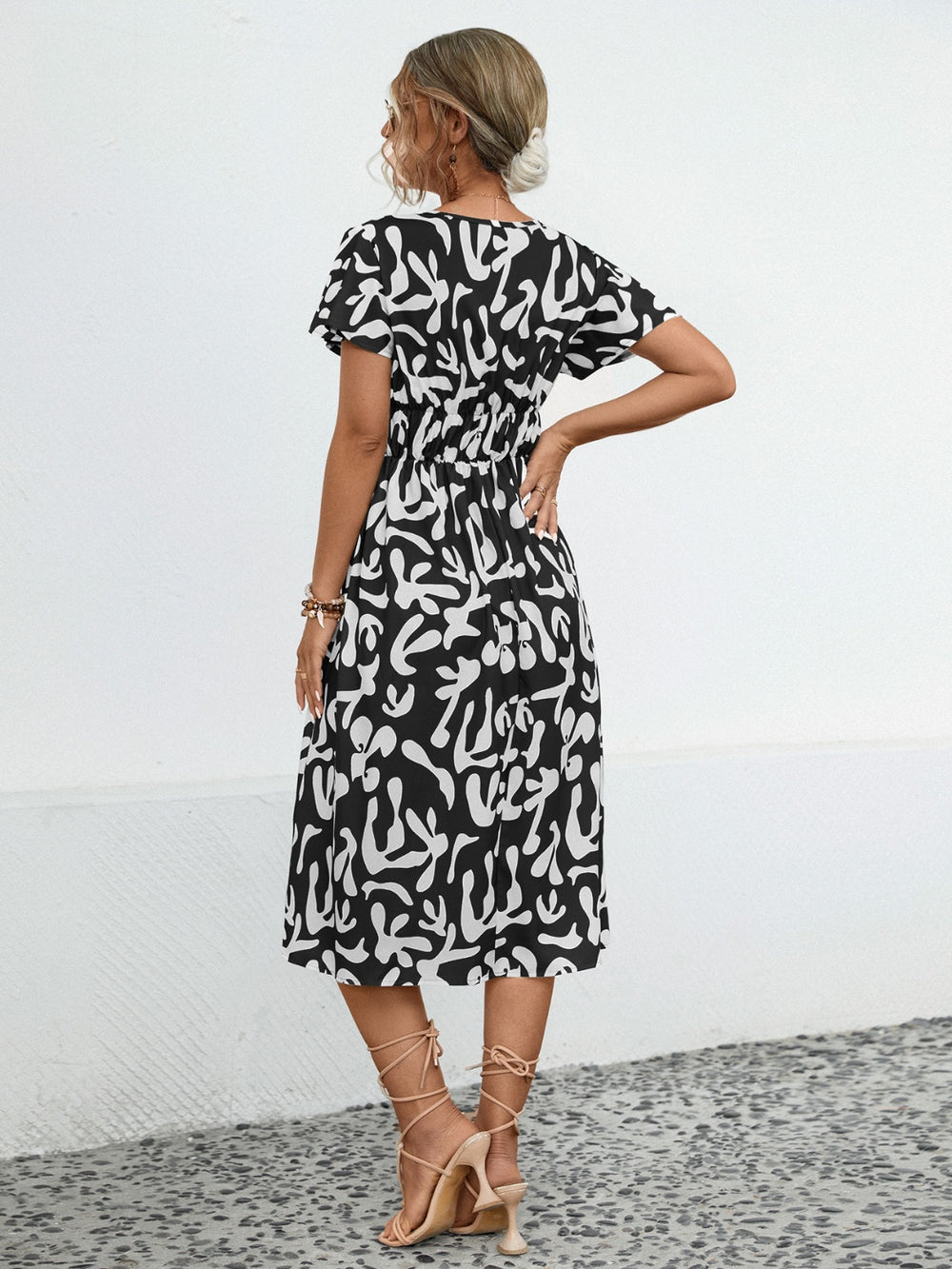 Printed V-Neck Short Sleeve Dress-Teresa's Fashionista LLC