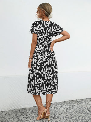 Printed V-Neck Short Sleeve Dress-Teresa's Fashionista LLC