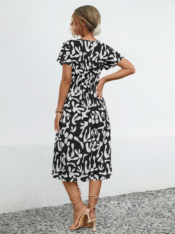 Printed V-Neck Short Sleeve Dress-Teresa's Fashionista LLC