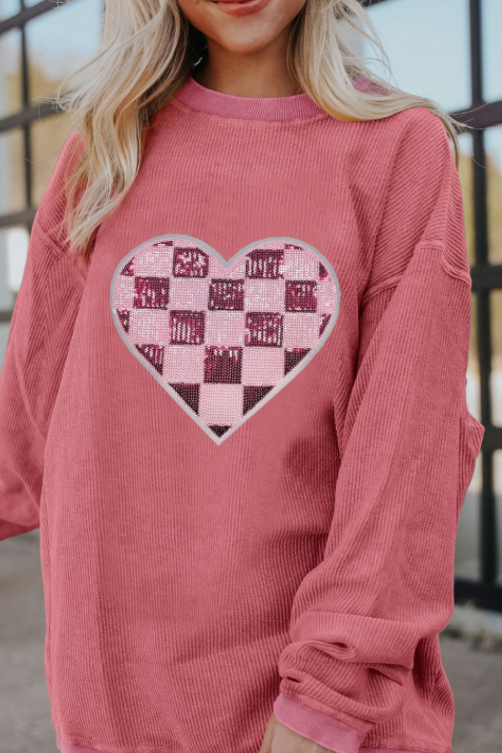 Valentine’s Day Sequin Checkered Heart Long Sleeve Sweatshirt - Teresa's Fashionista LLC