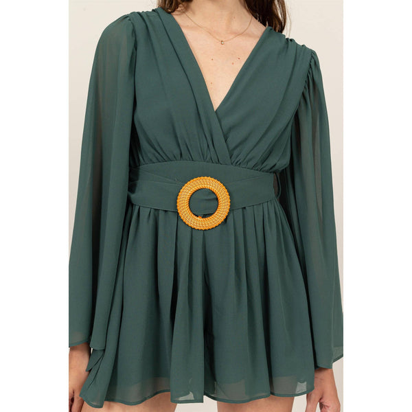 Plunging Neckline Bell Sleeve Romper