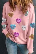 Valentine’s Day Sequin Heart Round Neck Long Sleeve Sweatshirt - Teresa's Fashionista LLC