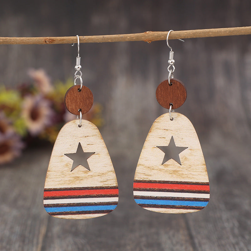 Cutout Star & Stripes Wooden Dangle Earrings-Teresa's Fashionista LLC