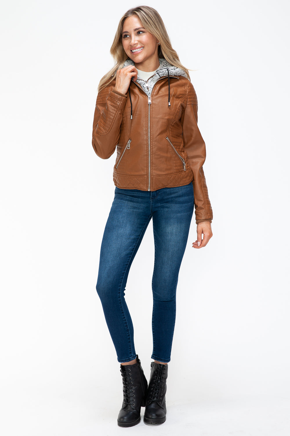 YMI Faux Layered Double-Zipper Jacket with Fuzzy Hood - Teresa's Fashionista LLC