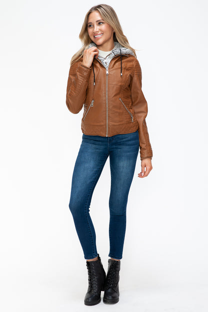 YMI Faux Layered Double-Zipper Jacket with Fuzzy Hood - Teresa's Fashionista LLC