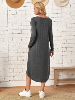 Pocketed Round Neck Long Sleeve Tee Dress-Teresa's Fashionista LLC