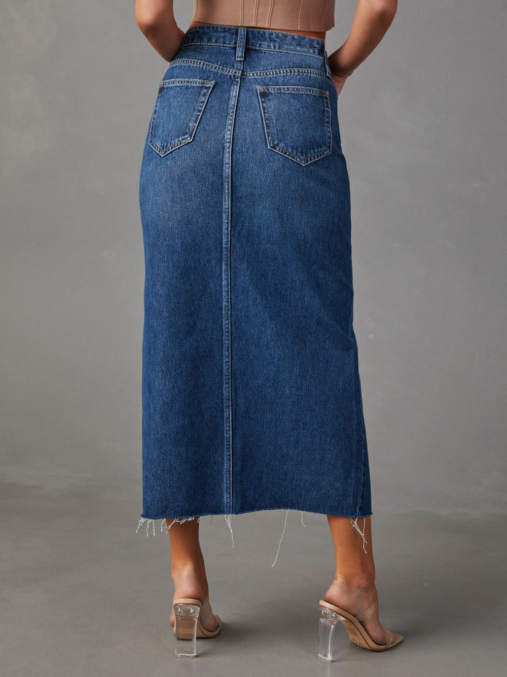 Slit Raw Hem Midi Denim Skirt-Teresa's Fashionista LLC
