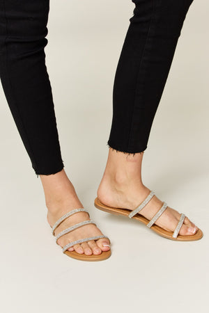 WILD DIVA Rhinestone Three-Strap Flat Sandals-Teresa's Fashionista LLC
