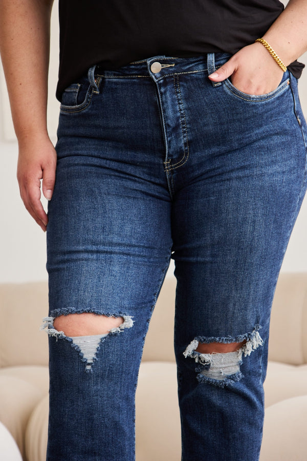 RFM Crop Dylan Full Size Tummy Control Distressed High Waist Raw Hem Jeans-Teresa's Fashionista LLC