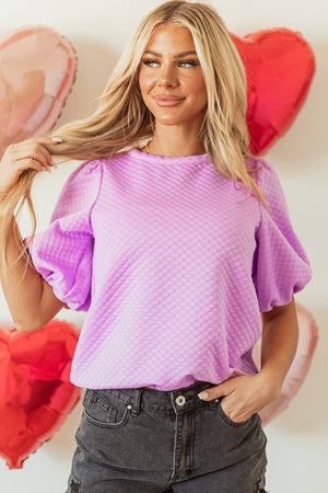 Textured Round Neck Puff Sleeve Blouse - Teresa's Fashionista LLC