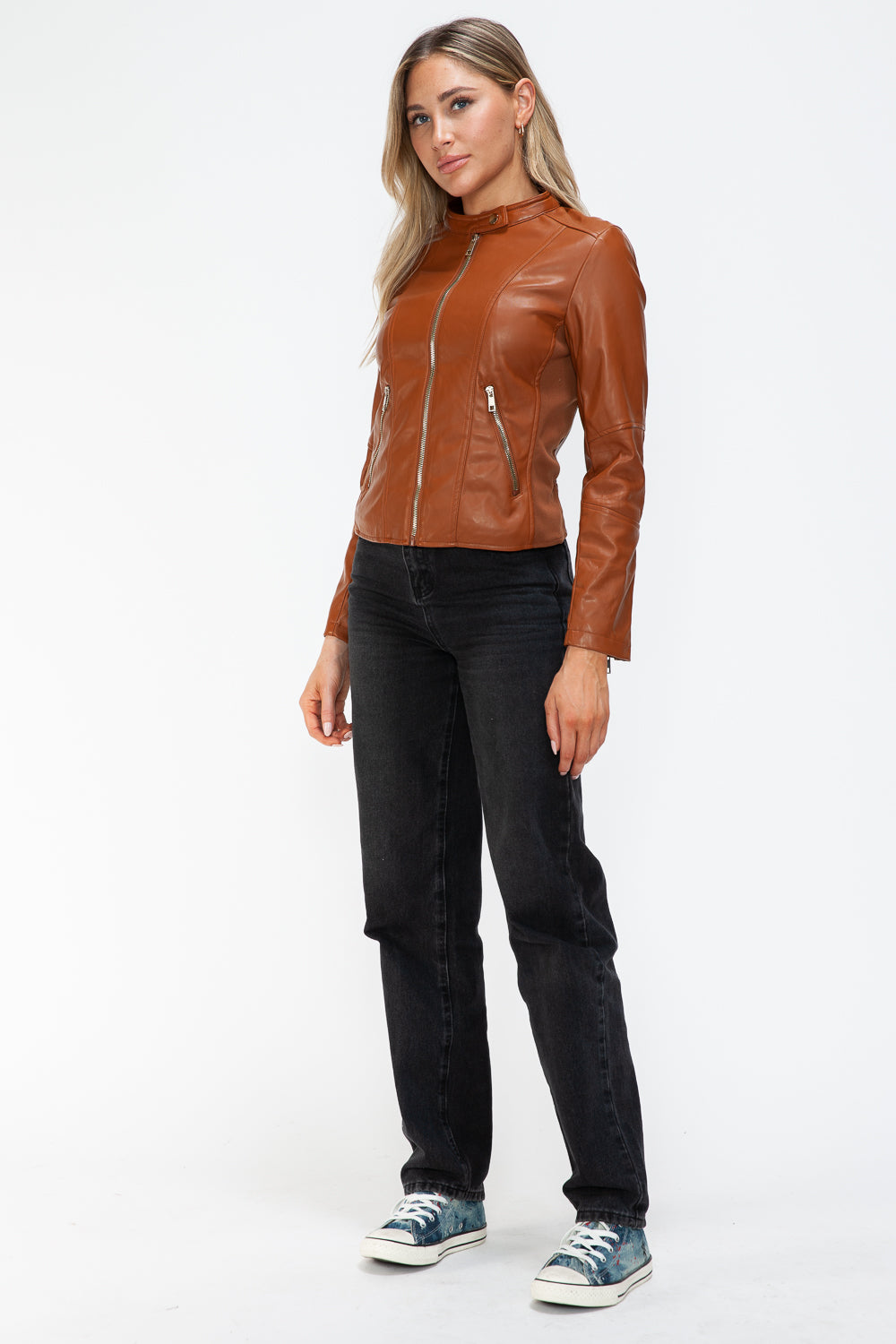 Snobbish Faux Leather Zip Up Drawstring Hooded Jacket - Teresa's Fashionista LLC