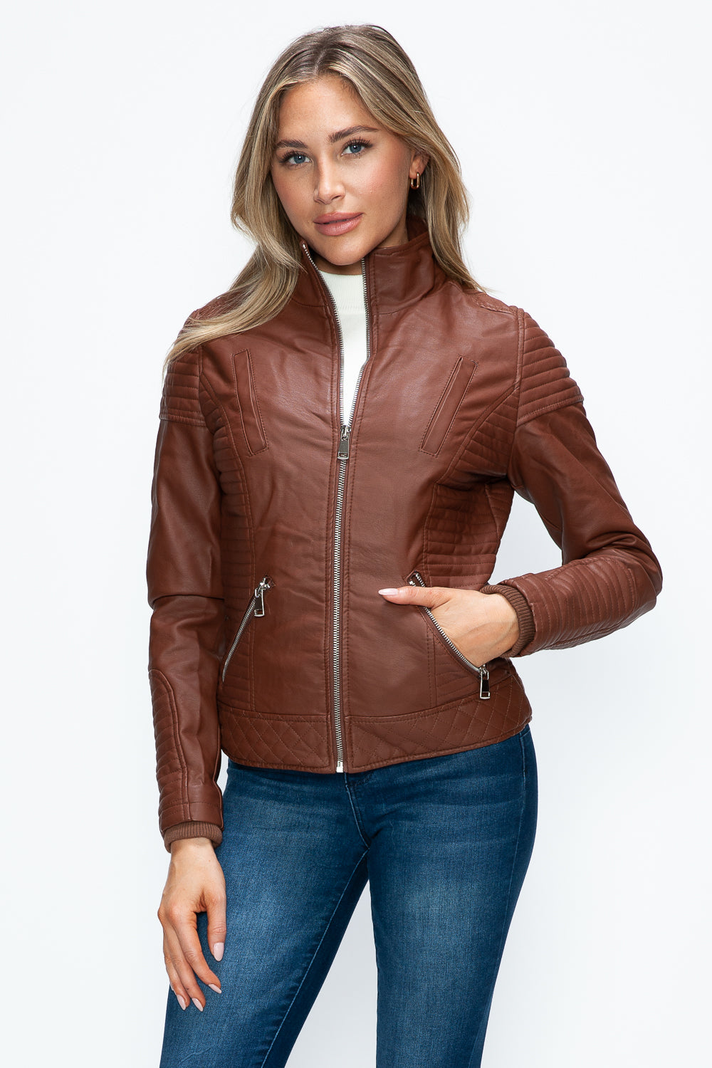 YMI Faux Layered Double-Zipper Jacket with Fuzzy Hood - Teresa's Fashionista LLC