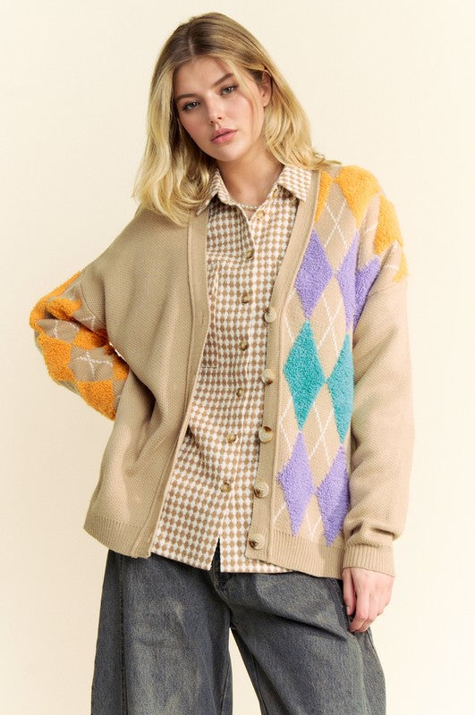 Davi & Dani Argyle V-Neck Dropped Shoulder Cardigan - Teresa's Fashionista LLC