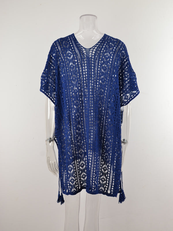 Cutout V-Neck Cover-Up with Tassel-Teresa's Fashionista LLC