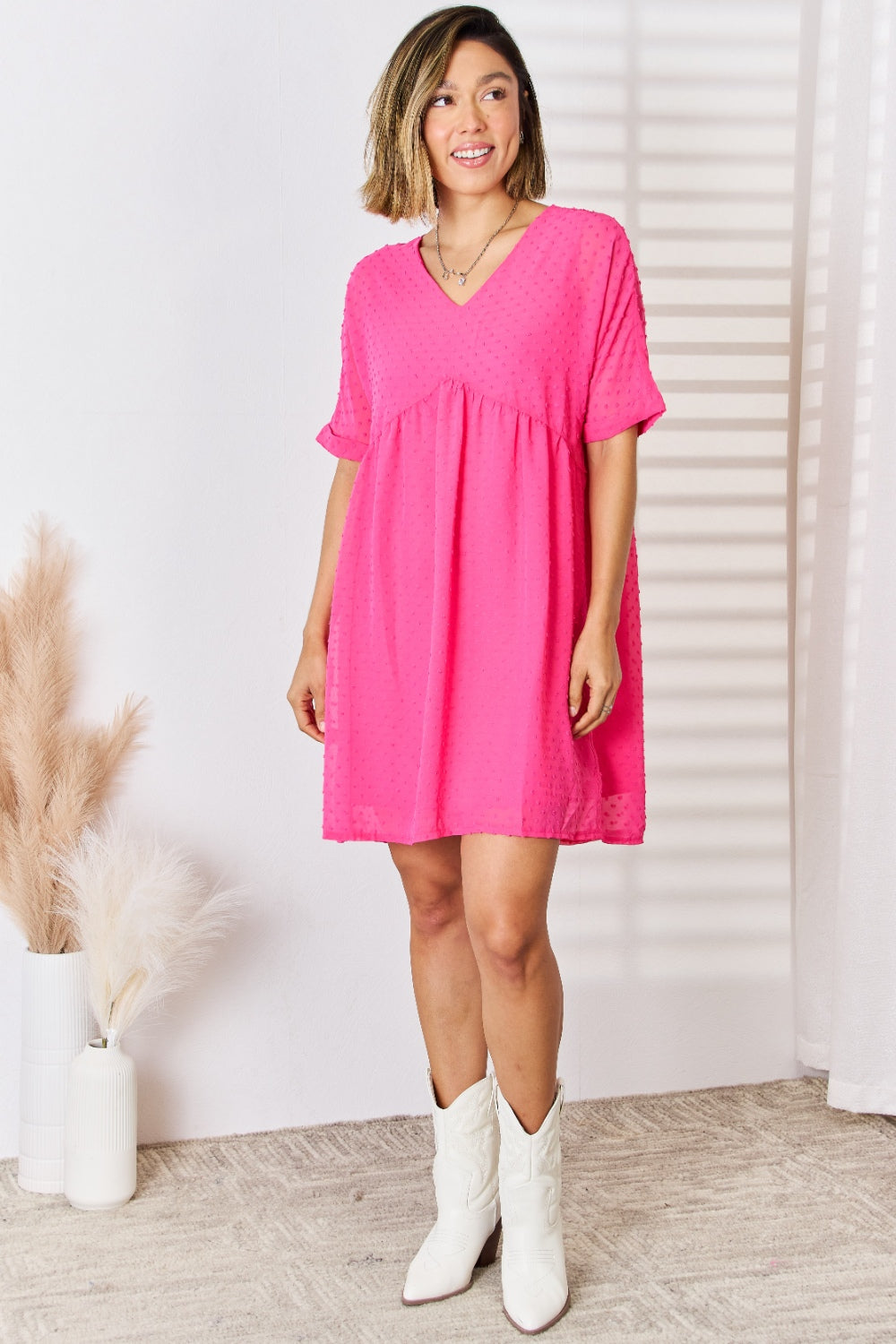 Zenana Swiss Dot Rolled Short Sleeve Babydoll Dress-Teresa's Fashionista LLC