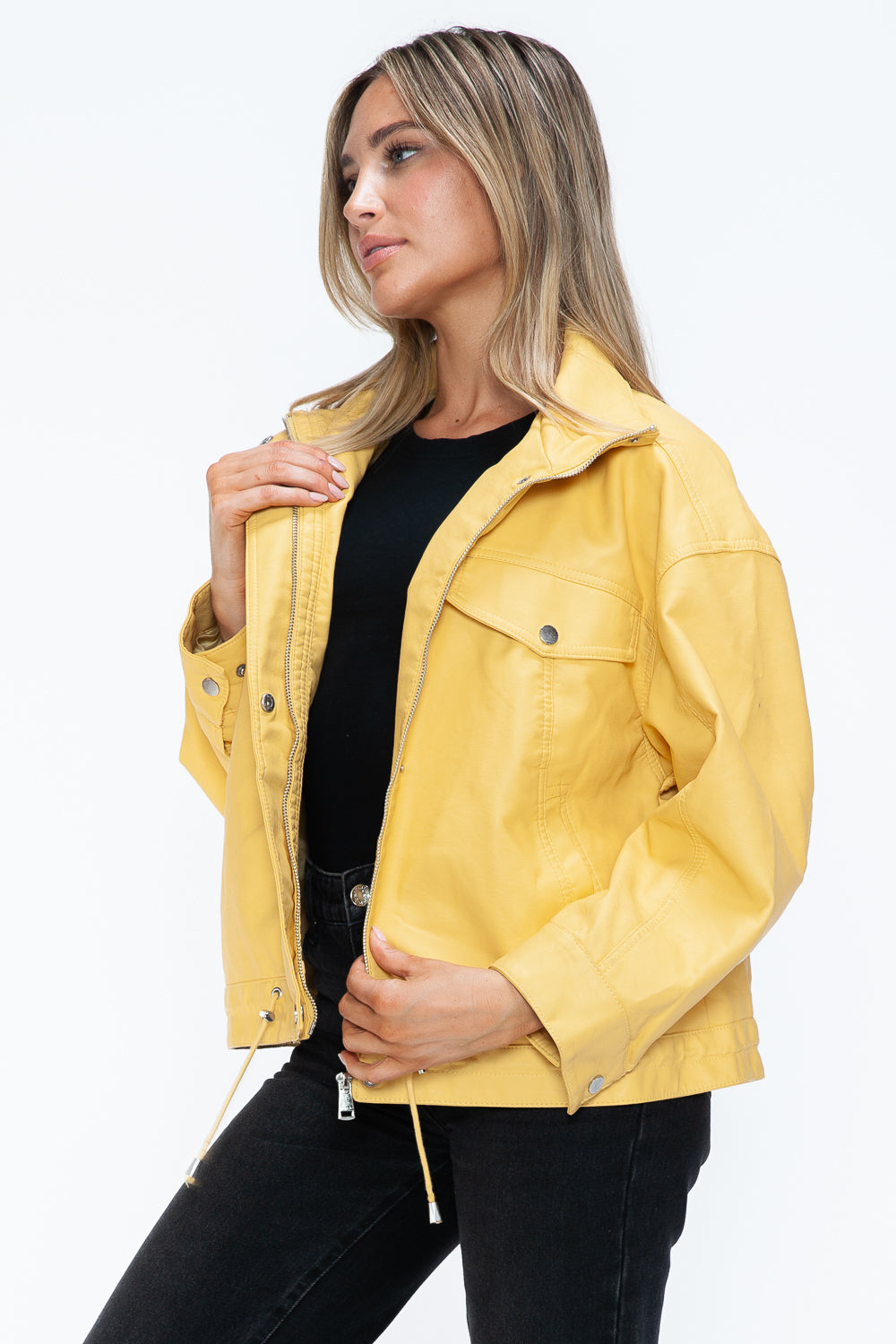 How Dare U Drawstring Hem PU Leather Zip Up Jacket - Teresa's Fashionista LLC