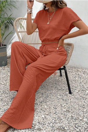Round Neck Short Sleeve Top and Pants Set-Teresa's Fashionista LLC