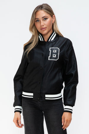 Love Me Now PU Leather Contrast Snap Down Bomber Jacket - Teresa's Fashionista LLC