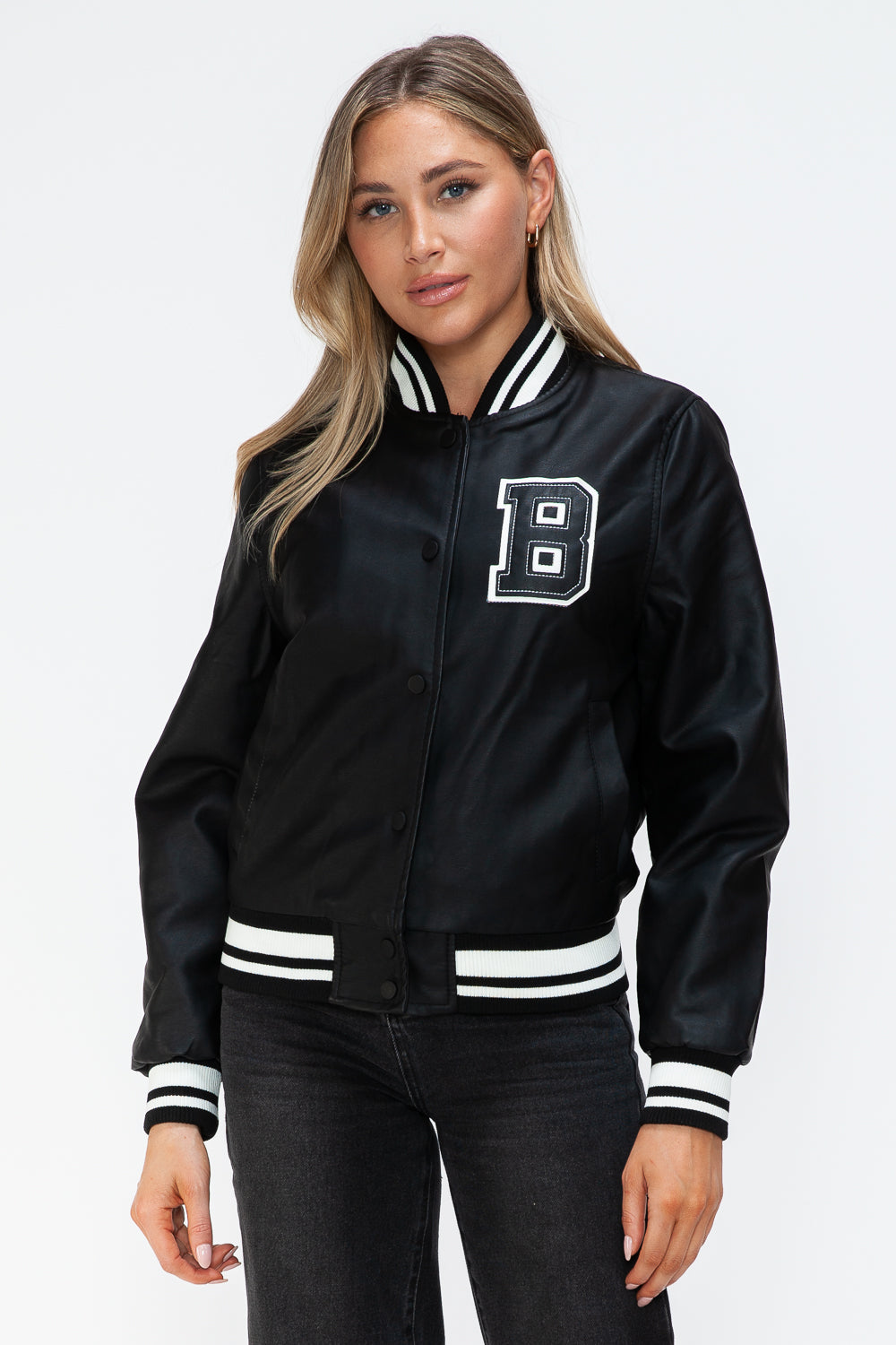 Love Me Now PU Leather Contrast Snap Down Bomber Jacket - Teresa's Fashionista LLC