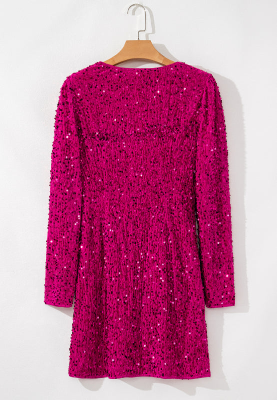 Sequin Surplice Long Sleeve Mini Dress - Teresa's Fashionista LLC