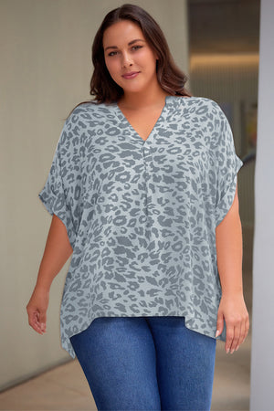 Plus Size Printed Notched Neck Half Sleeve Top-Teresa's Fashionista LLC