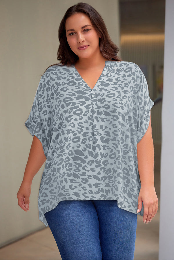 Plus Size Printed Notched Neck Half Sleeve Top-Teresa's Fashionista LLC