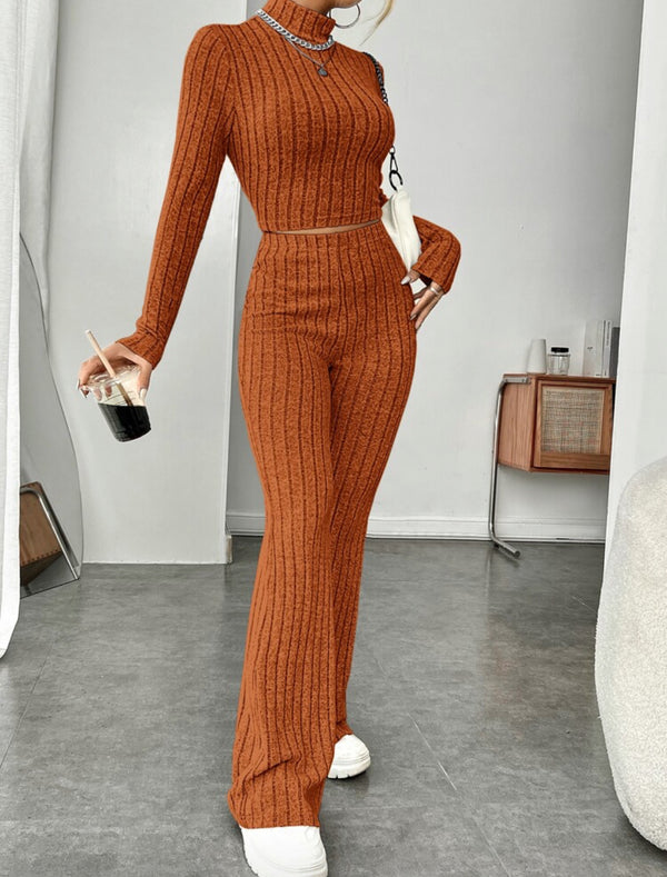 Long Sleeve Turtlenecks Wide Leg High Waist Trousers Suit - Teresa's Fashionista LLC