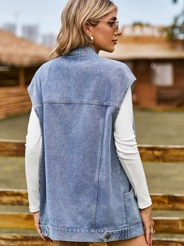 Button Up Collared Neck Sleeveless Denim Jacket-Teresa's Fashionista LLC