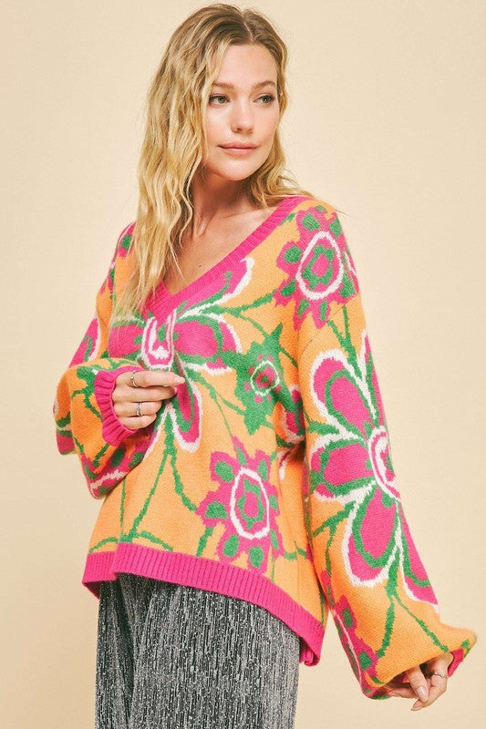 Davi & Dani Floral Contrast V-Neck Dropped Shoulder Sweater - Teresa's Fashionista LLC