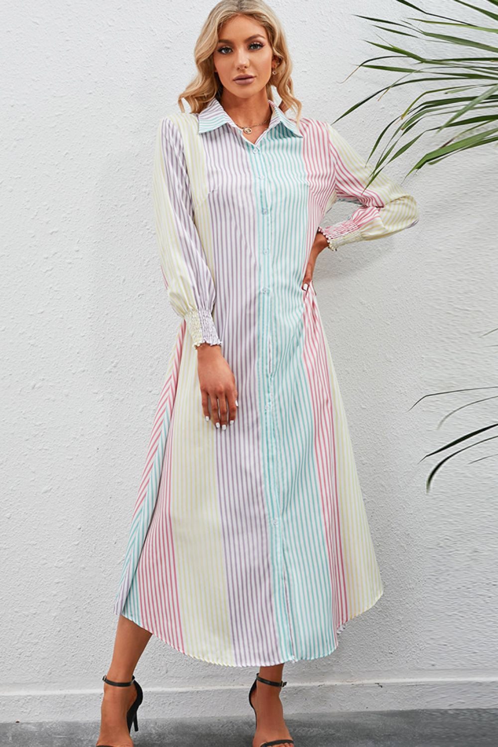 Rainbow Stripe Button-Up Maxi Shirt Dress-Teresa's Fashionista LLC
