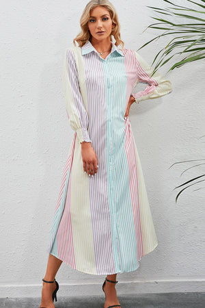 Rainbow Stripe Button-Up Maxi Shirt Dress-Teresa's Fashionista LLC