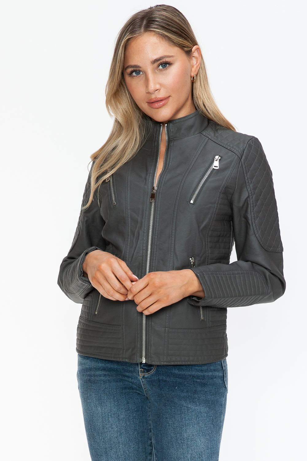 Snobbish Faux Leather Zip Up Mock Neck Jacket - Teresa's Fashionista LLC