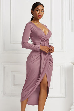 High-low Ruched Surplice Long Sleeve Dress-Teresa's Fashionista LLC