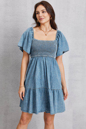 Smocked Square Neck Mini Denim Dress-Teresa's Fashionista LLC